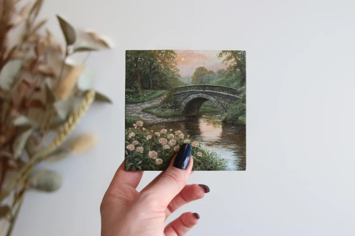 Roses by the Stone Bridge – Miniature Acrylic Painting