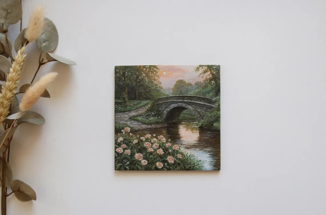Roses by the Stone Bridge – Miniature Acrylic Painting