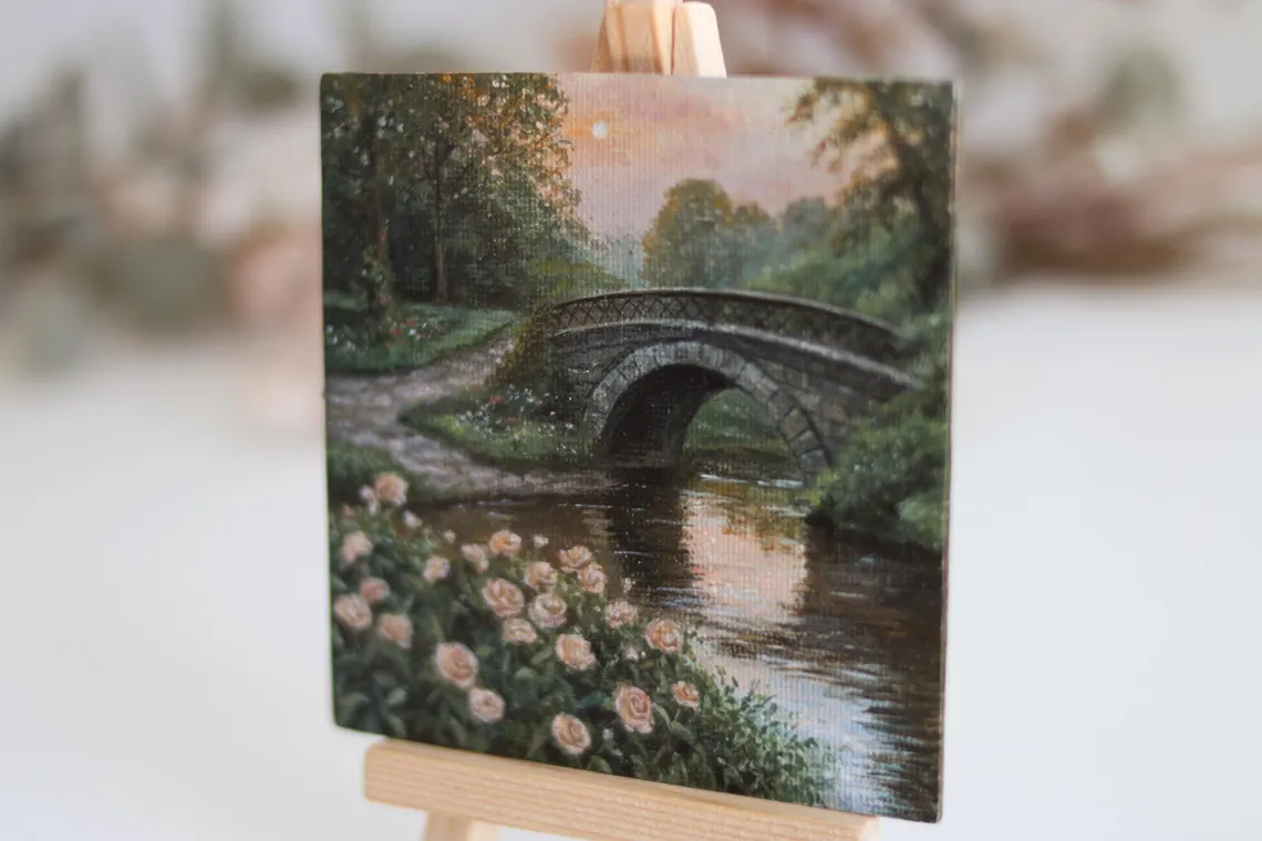 Roses by the Stone Bridge – Miniature Acrylic Painting