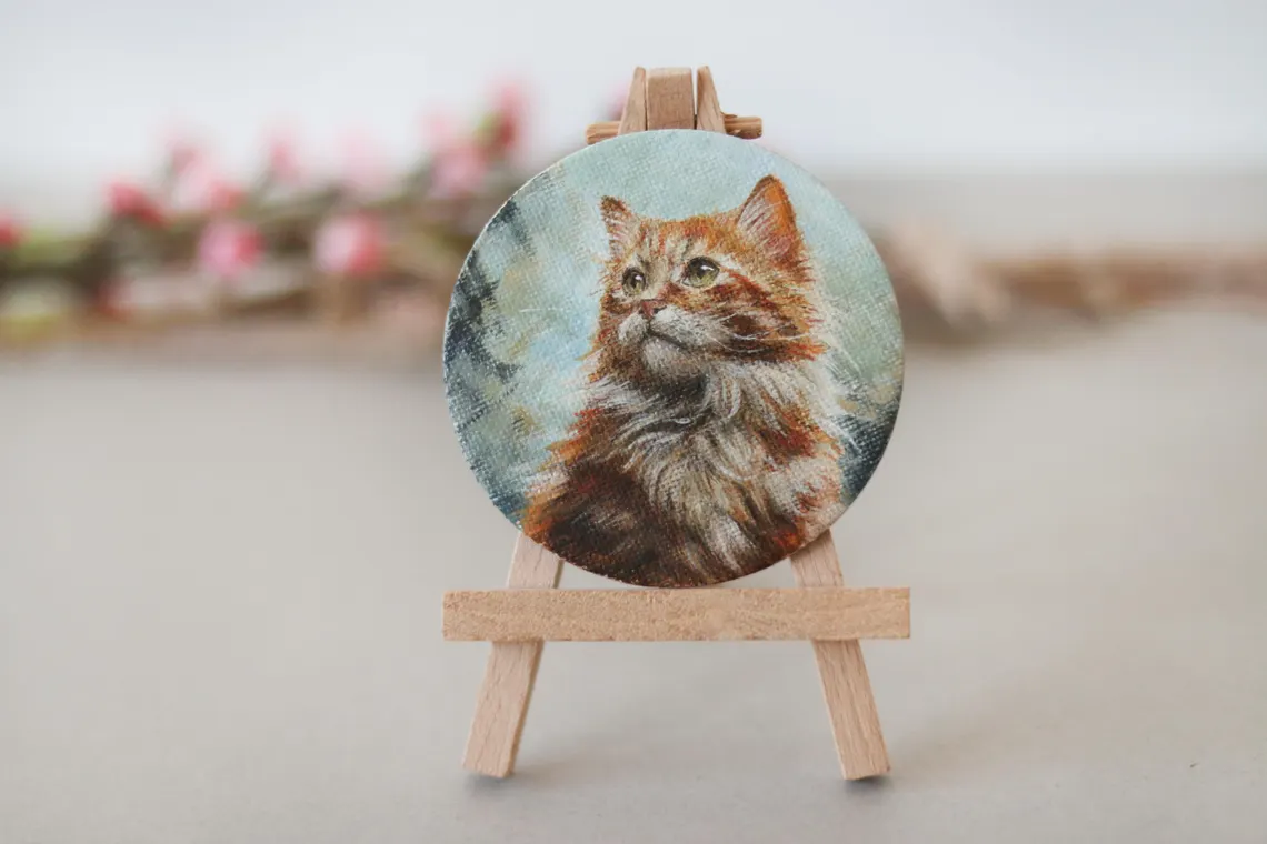 Fluffy Ginger Cat Painting: Miniature Acrylic Art, Fridge Magnet