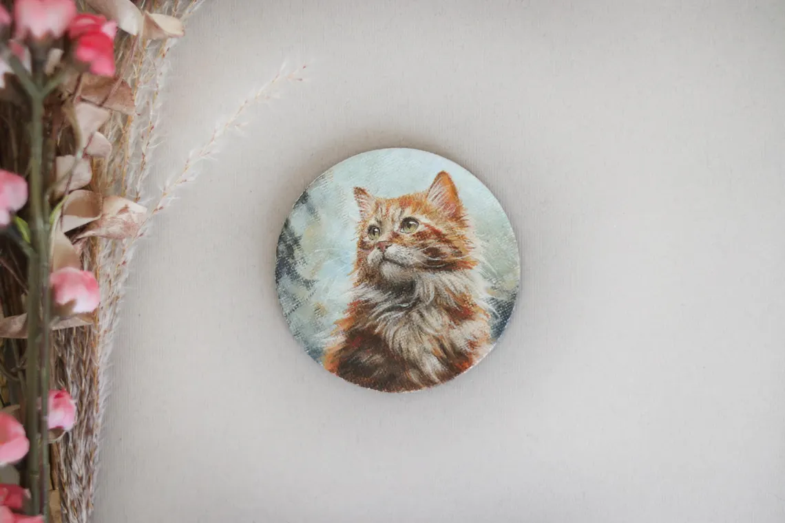 Fluffy Ginger Cat Painting: Miniature Acrylic Art, Fridge Magnet