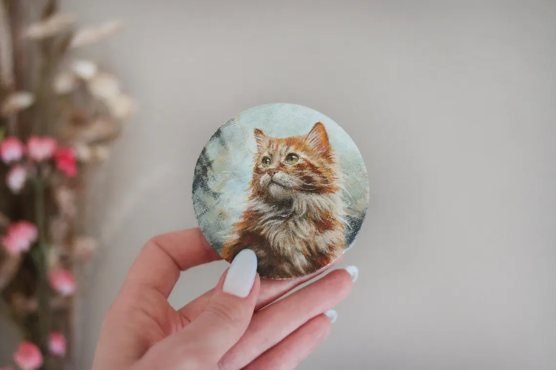 Fluffy Ginger Cat Painting: Miniature Acrylic Art, Fridge Magnet