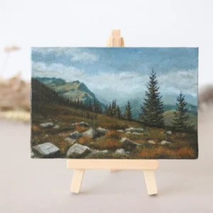 Miniature Mountain Landscape: Original Acrylic Painting on Canvas