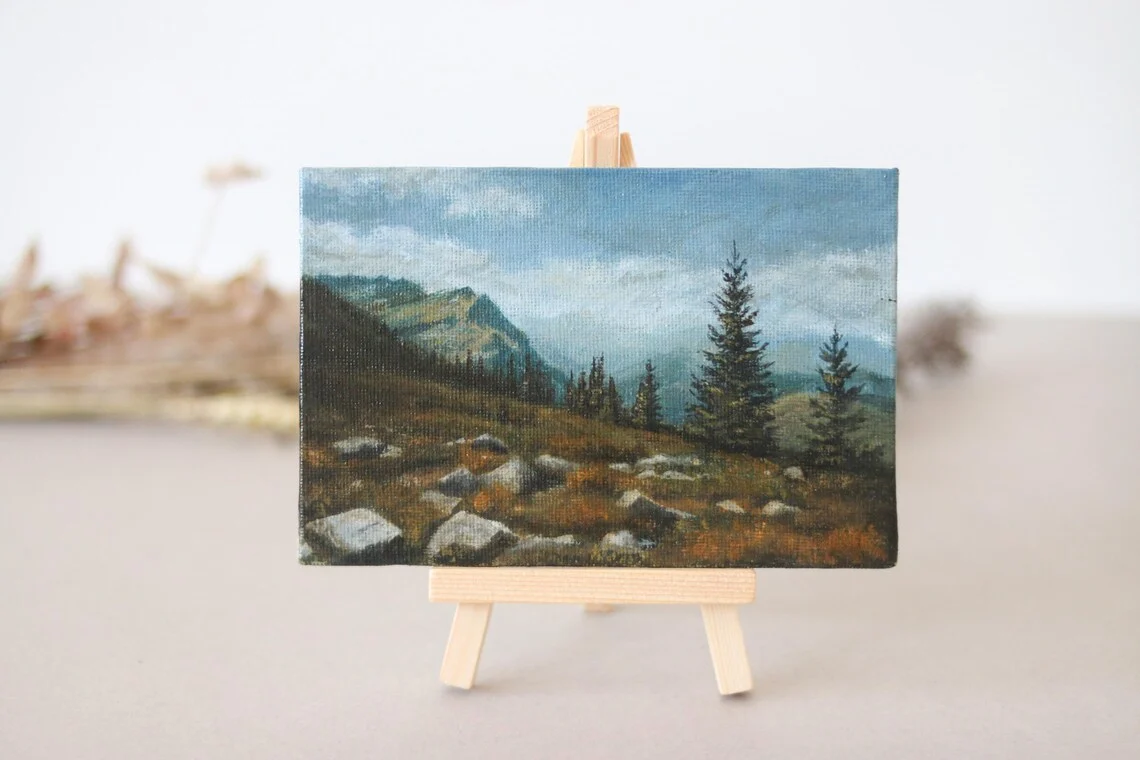 Miniature Mountain Landscape: Original Acrylic Painting on Canvas