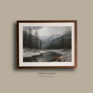 Winter Serenity, Framed Winter Landscape Pastel Painting – Mountain River Artwork
