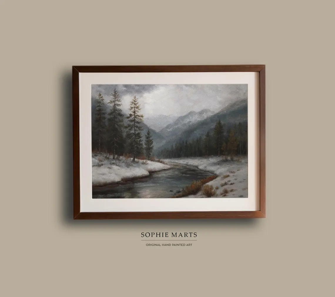 Winter Serenity, Framed Winter Landscape Pastel Painting – Mountain River Artwork