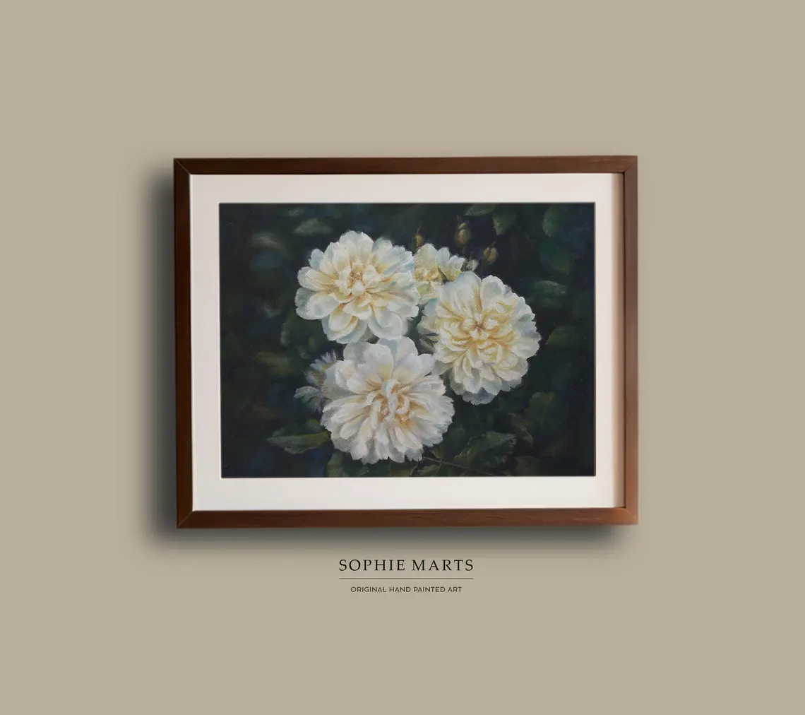 White Peonies Pastel Painting: Original Framed Floral Artwork