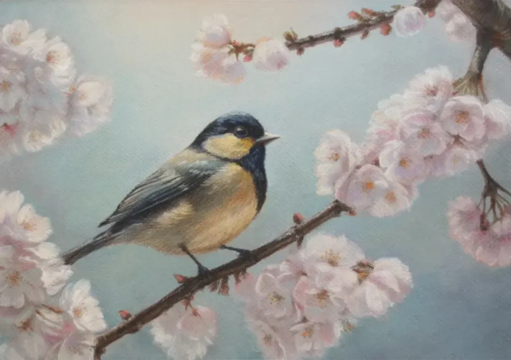 Spring Melody, Framed Pastel Bird Painting – Spring Blossom Wall Art