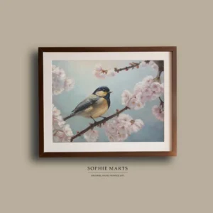 Spring Melody, Framed Pastel Bird Painting – Spring Blossom Wall Art