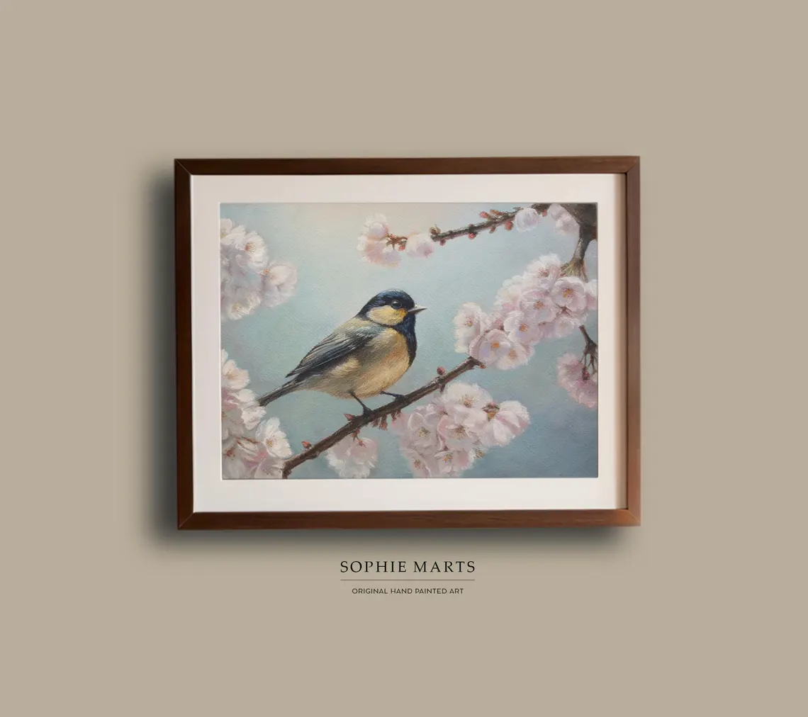 Spring Melody, Framed Pastel Bird Painting – Spring Blossom Wall Art