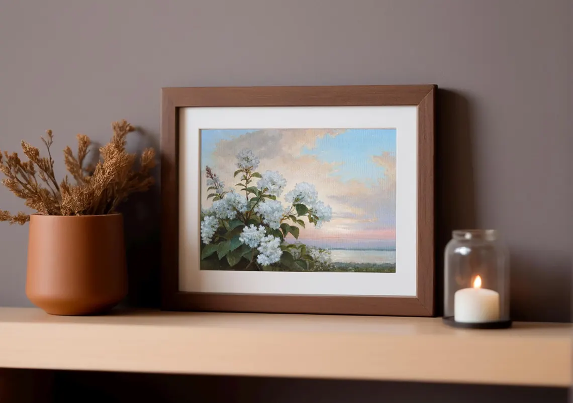 Original Acrylic Hydrangea Painting: Romantic Coastal Landscape Art