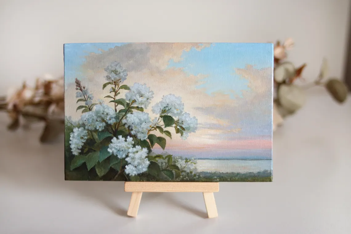 Original Acrylic Hydrangea Painting: Romantic Coastal Landscape Art