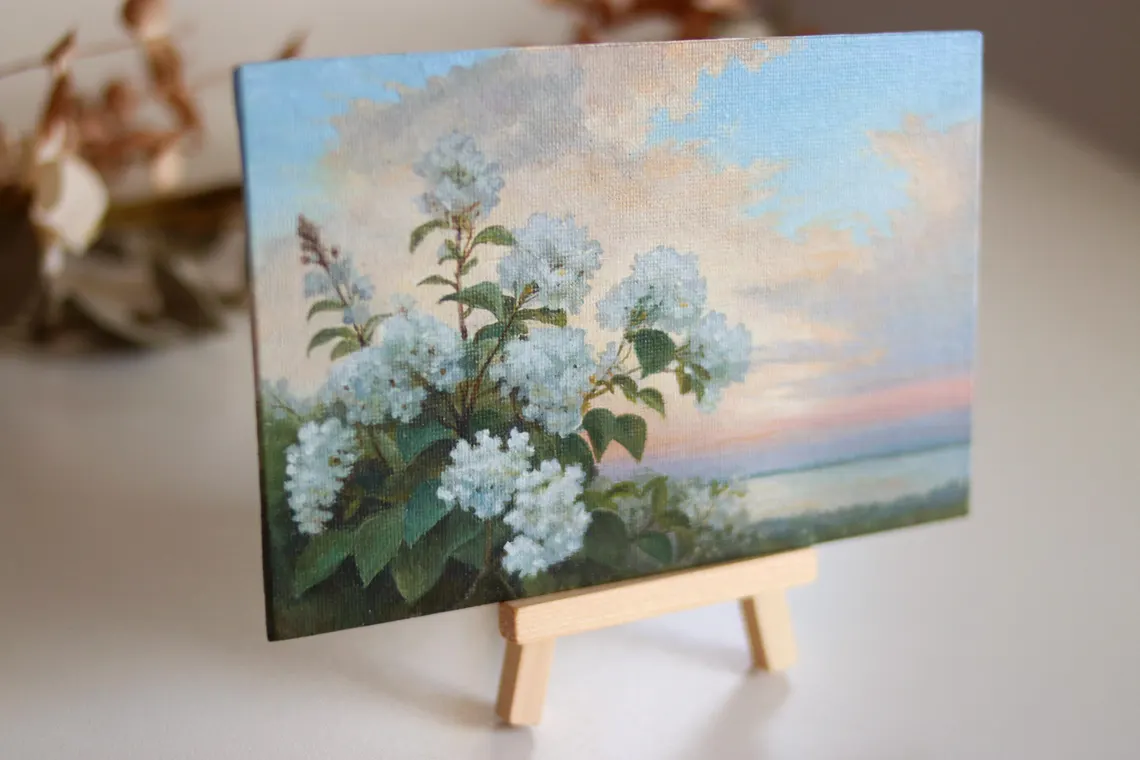 Original Acrylic Hydrangea Painting: Romantic Coastal Landscape Art