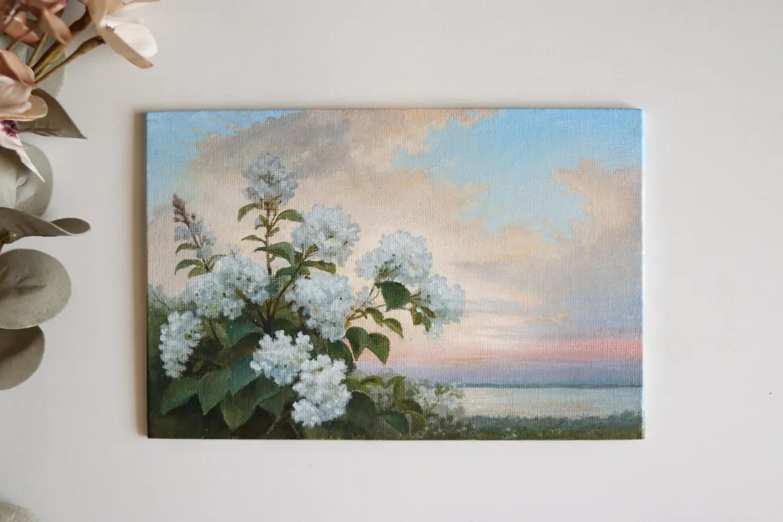 Original Acrylic Hydrangea Painting: Romantic Coastal Landscape Art
