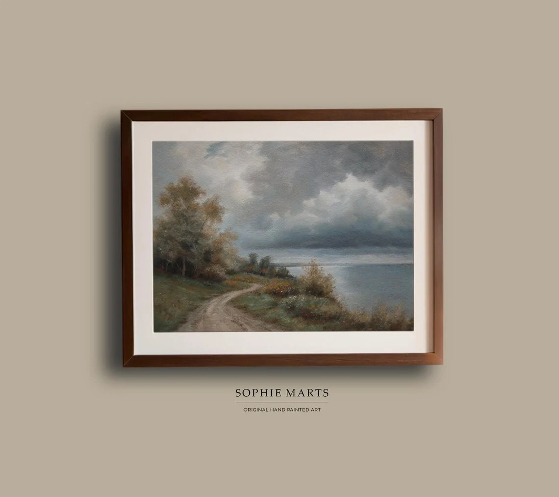 Stormy Sky Landscape – Original Pastel Painting, Framed Nature Wall Art, Dramatic Seascape Decor