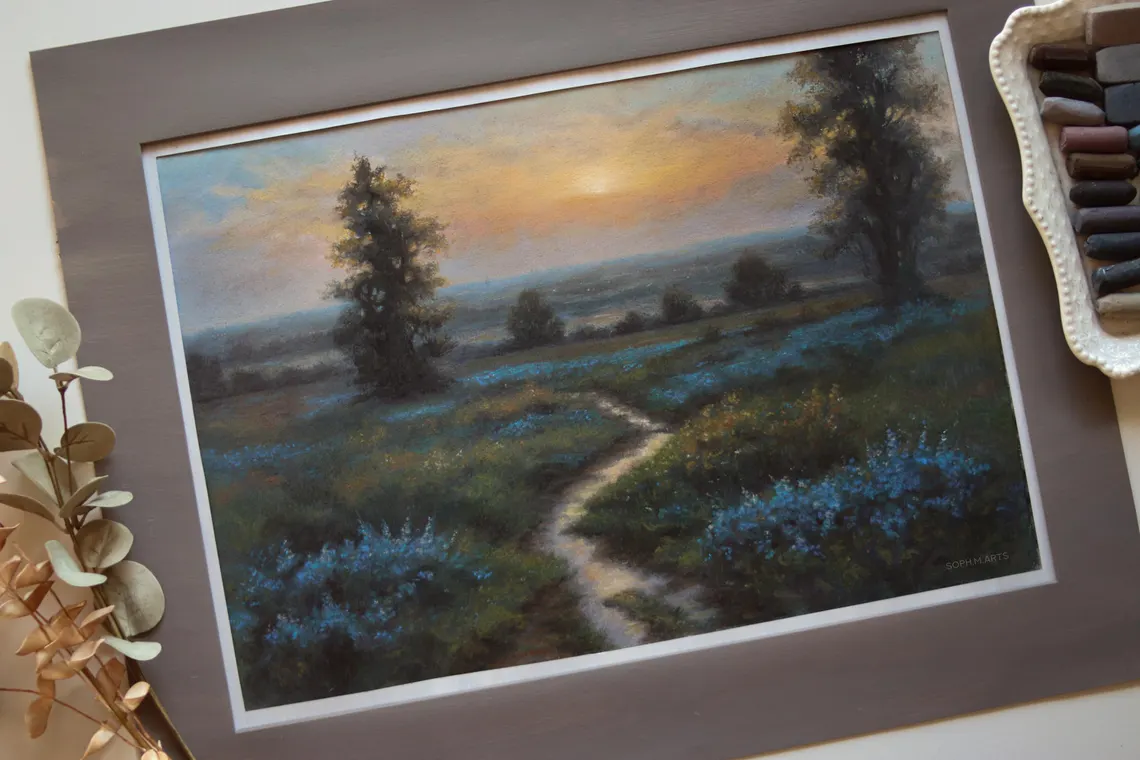 Sunset Meadow Path – Original Pastel Landscape