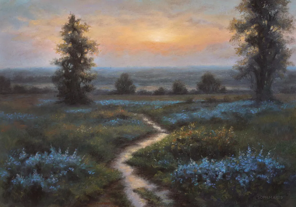 Sunset Meadow Path – Original Pastel Landscape