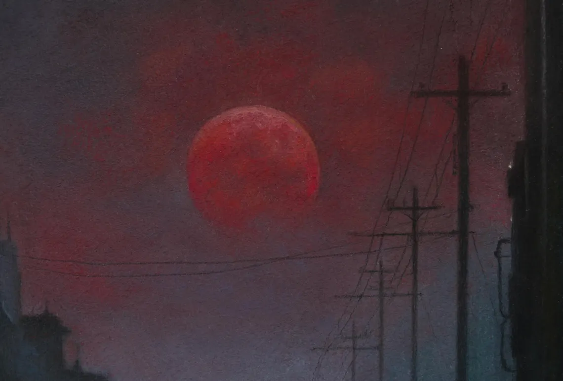 Crimson moon - Retrofuturistic Dystopia: Original Pastel Painting, Framed Dark Sci-Fi Art
