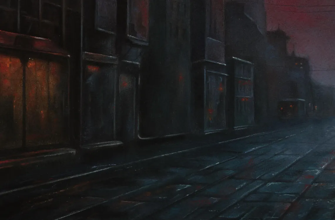 Crimson moon - Retrofuturistic Dystopia: Original Pastel Painting, Framed Dark Sci-Fi Art