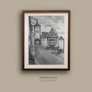 Rothenburg Germany Drawing: Medieval Street Graphite Art