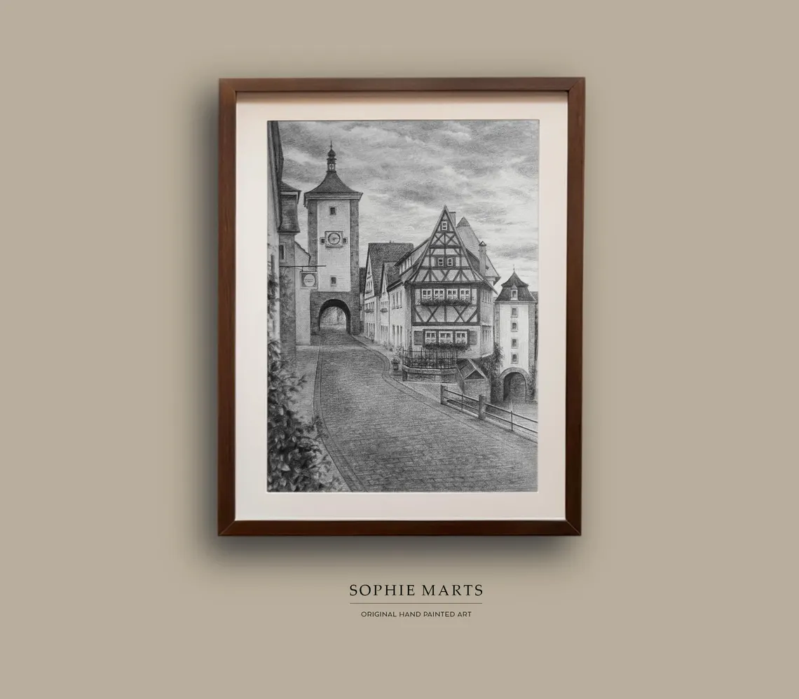 Rothenburg Germany Drawing: Medieval Street Graphite Art