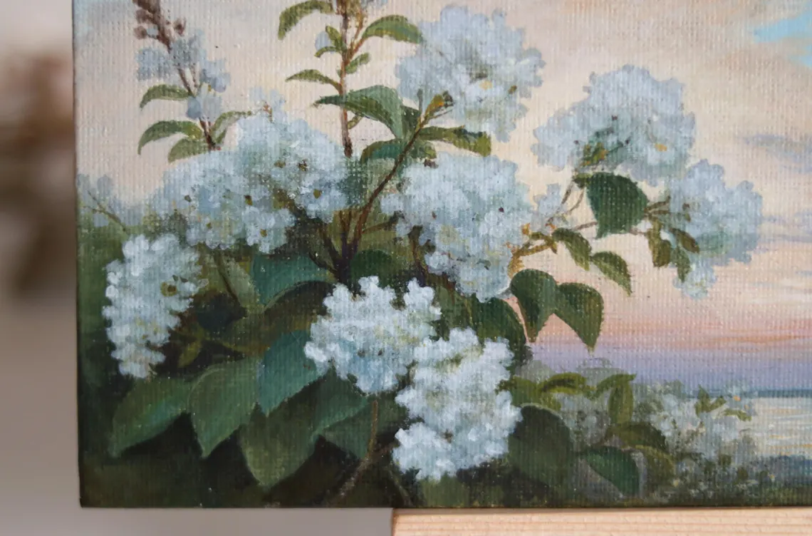 Original Acrylic Hydrangea Painting: Romantic Coastal Landscape Art