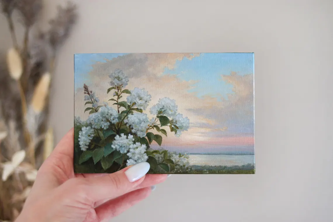 Original Acrylic Hydrangea Painting: Romantic Coastal Landscape Art