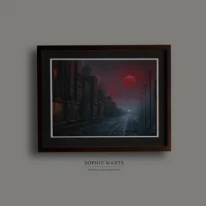Crimson moon - Retrofuturistic Dystopia: Original Pastel Painting, Framed Dark Sci-Fi Art