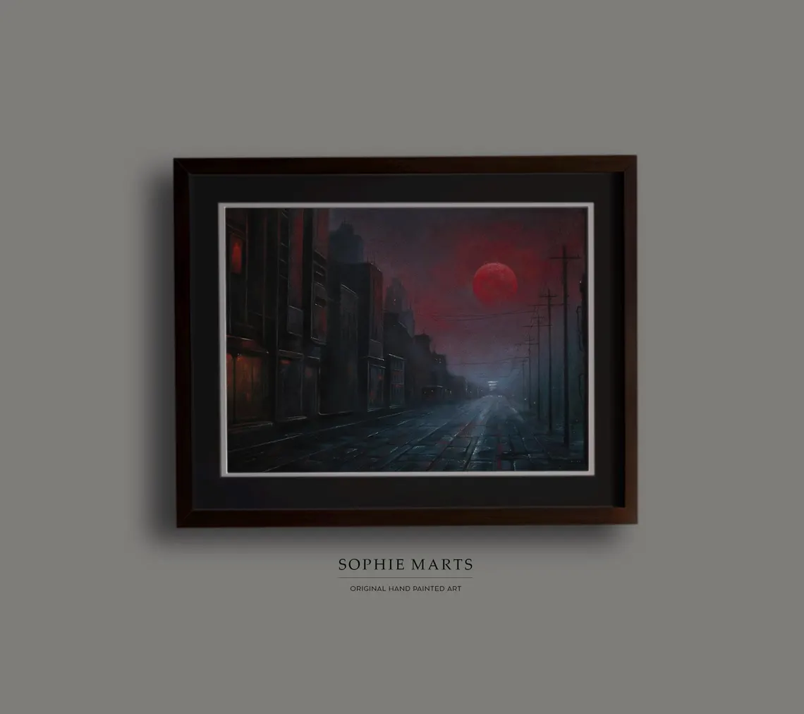 Crimson moon - Retrofuturistic Dystopia: Original Pastel Painting, Framed Dark Sci-Fi Art