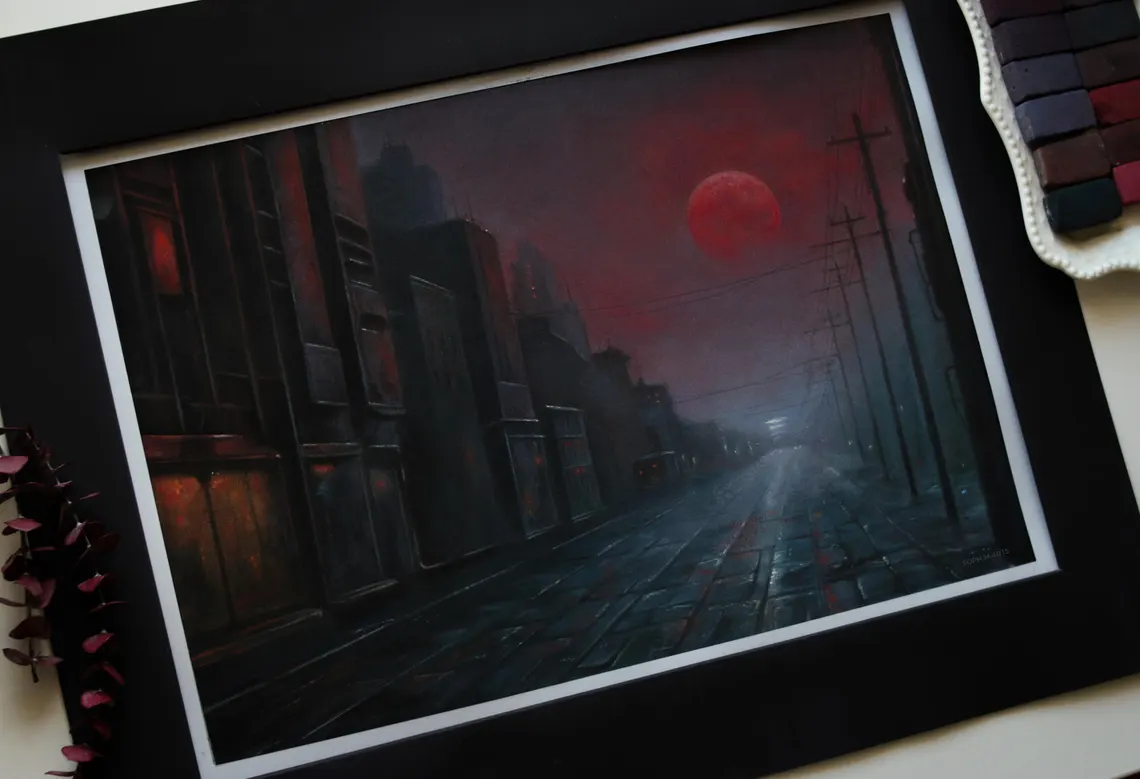 Crimson moon - Retrofuturistic Dystopia: Original Pastel Painting, Framed Dark Sci-Fi Art