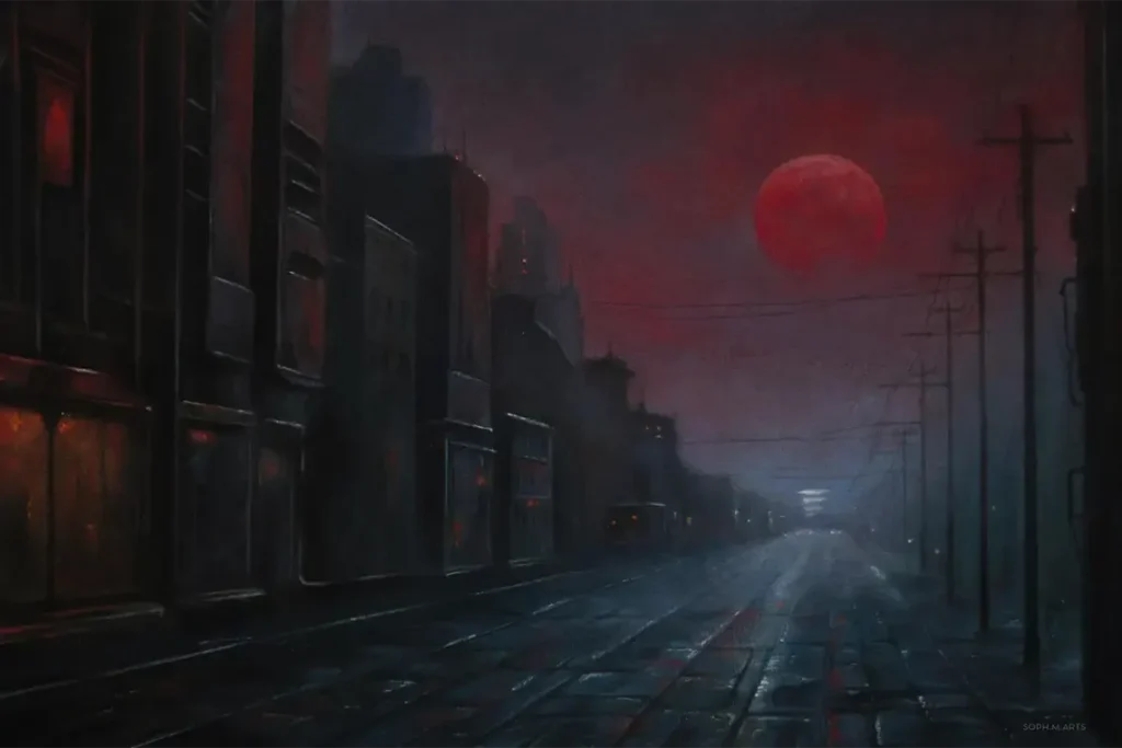 Crimson moon - Retrofuturistic Dystopia: Original Pastel Painting, Framed Dark Sci-Fi Art