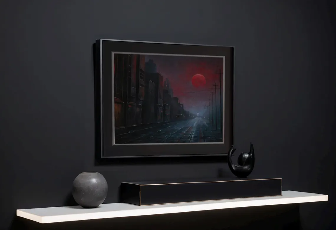 Crimson moon - Retrofuturistic Dystopia: Original Pastel Painting, Framed Dark Sci-Fi Art