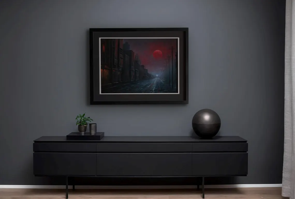 Crimson moon - Retrofuturistic Dystopia: Original Pastel Painting, Framed Dark Sci-Fi Art