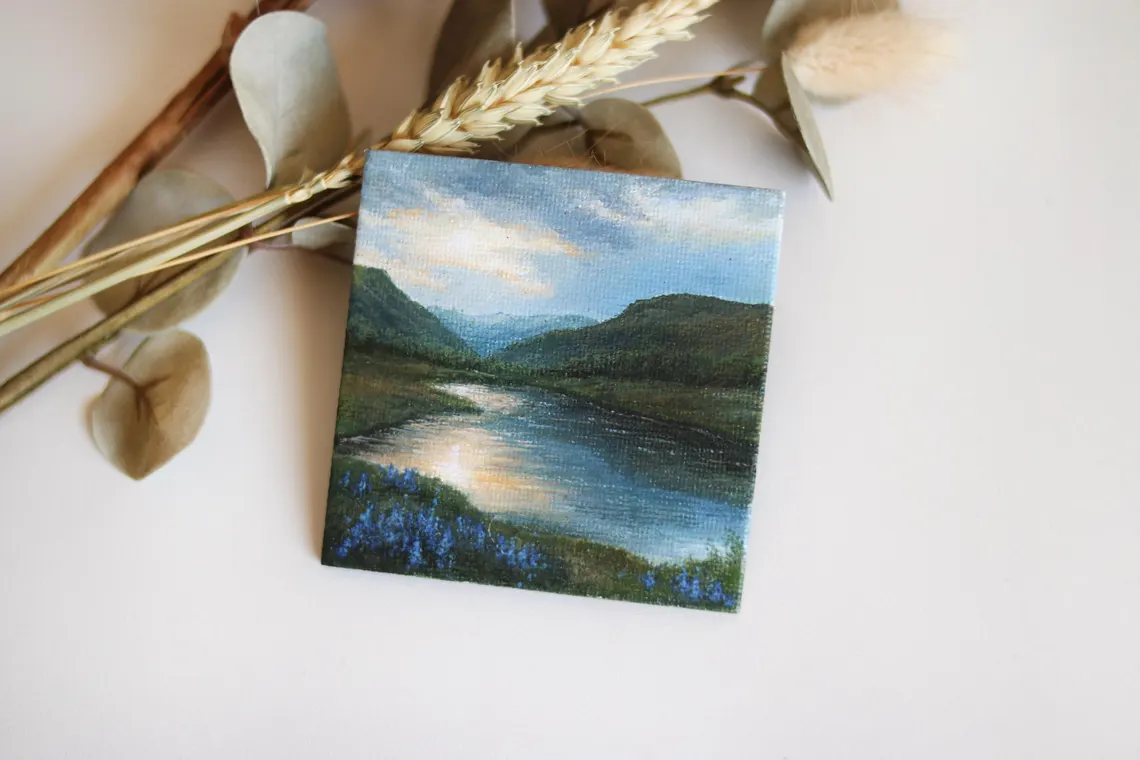 Miniature Mountain River Acrylic Painting with Magnet
