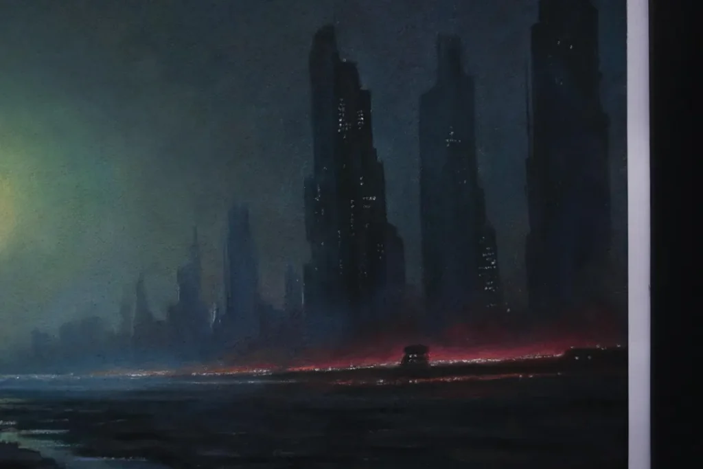 Emerald Dusk: Retrofuturistic Dystopian Landscape, Sci-Fi Wall Art, Original Pastel Painting