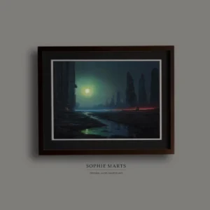 Emerald Dusk: Retrofuturistic Dystopian Landscape, Sci-Fi Wall Art, Original Pastel Painting