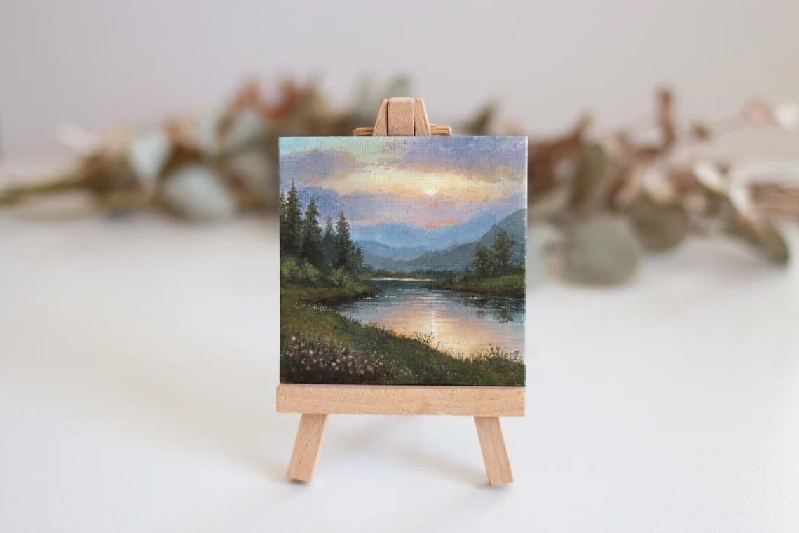 Golden Hour River – Miniature Acrylic Painting
