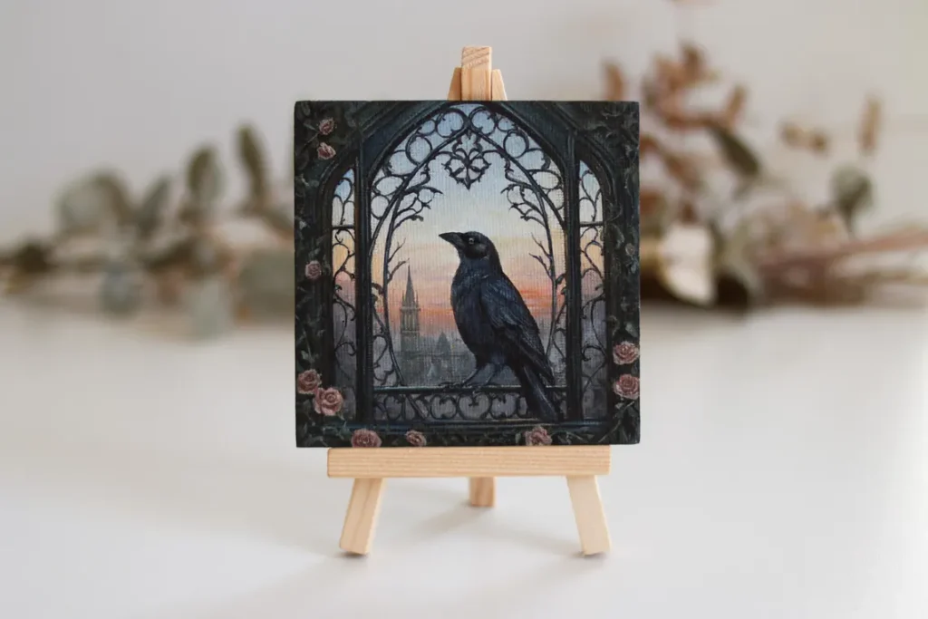 Gothic Raven Acrylic Painting: Dark Academia Decor, Cottage Gothic Art