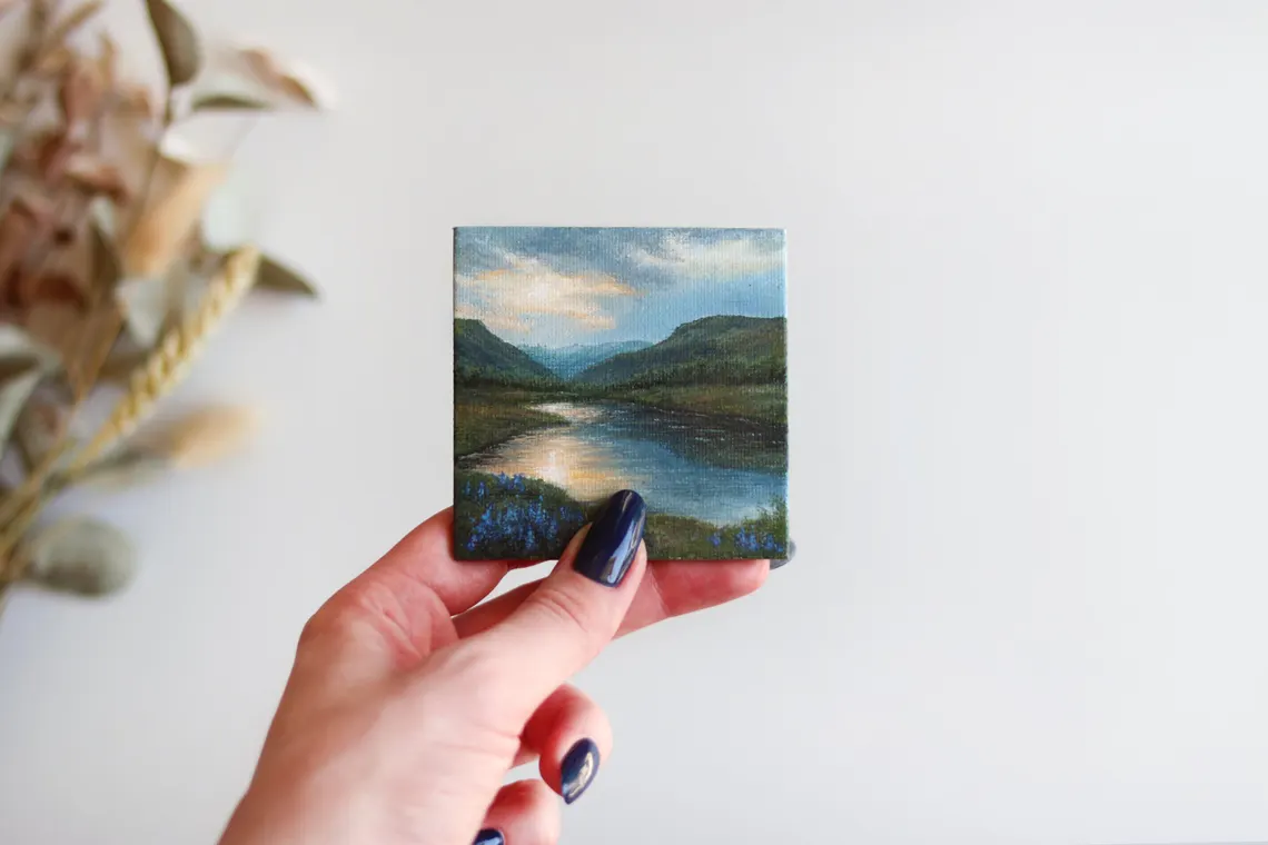 Miniature Mountain River Acrylic Painting with Magnet