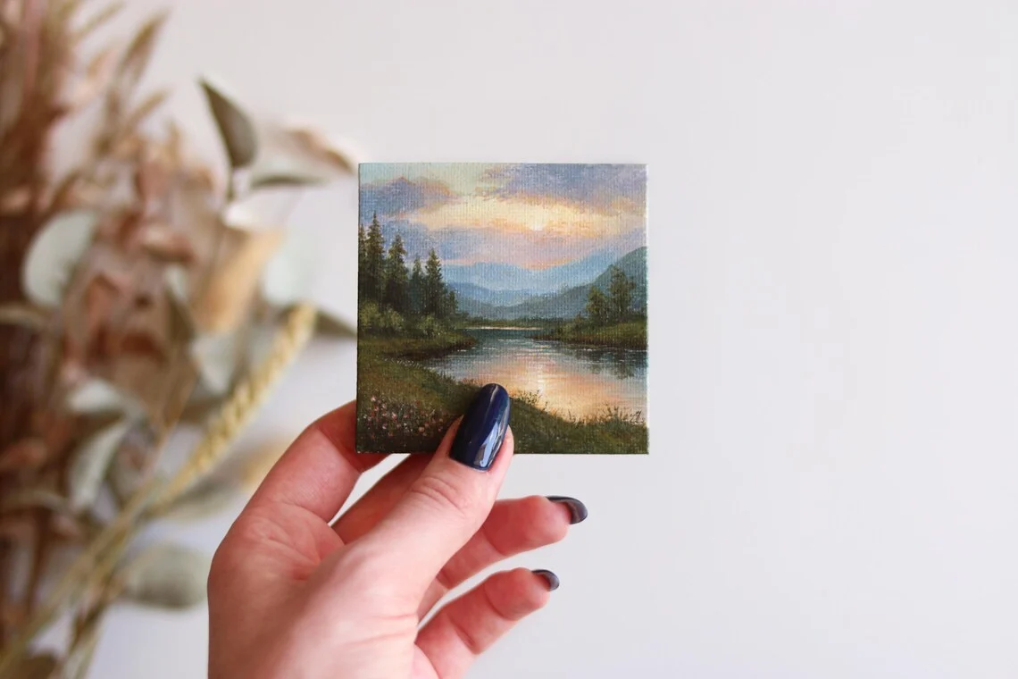 Golden Hour River – Miniature Acrylic Painting