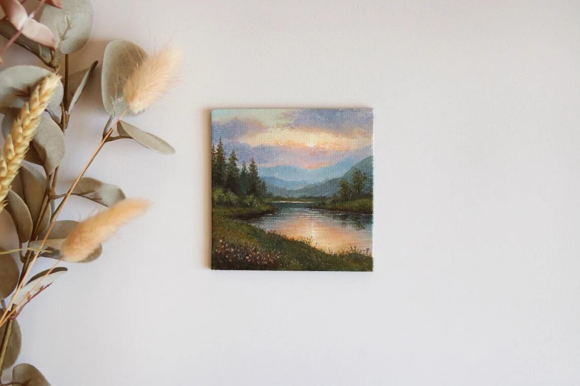Golden Hour River – Miniature Acrylic Painting