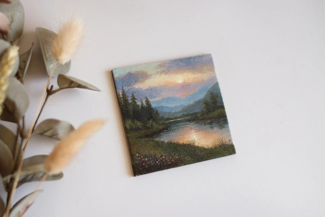 Golden Hour River – Miniature Acrylic Painting