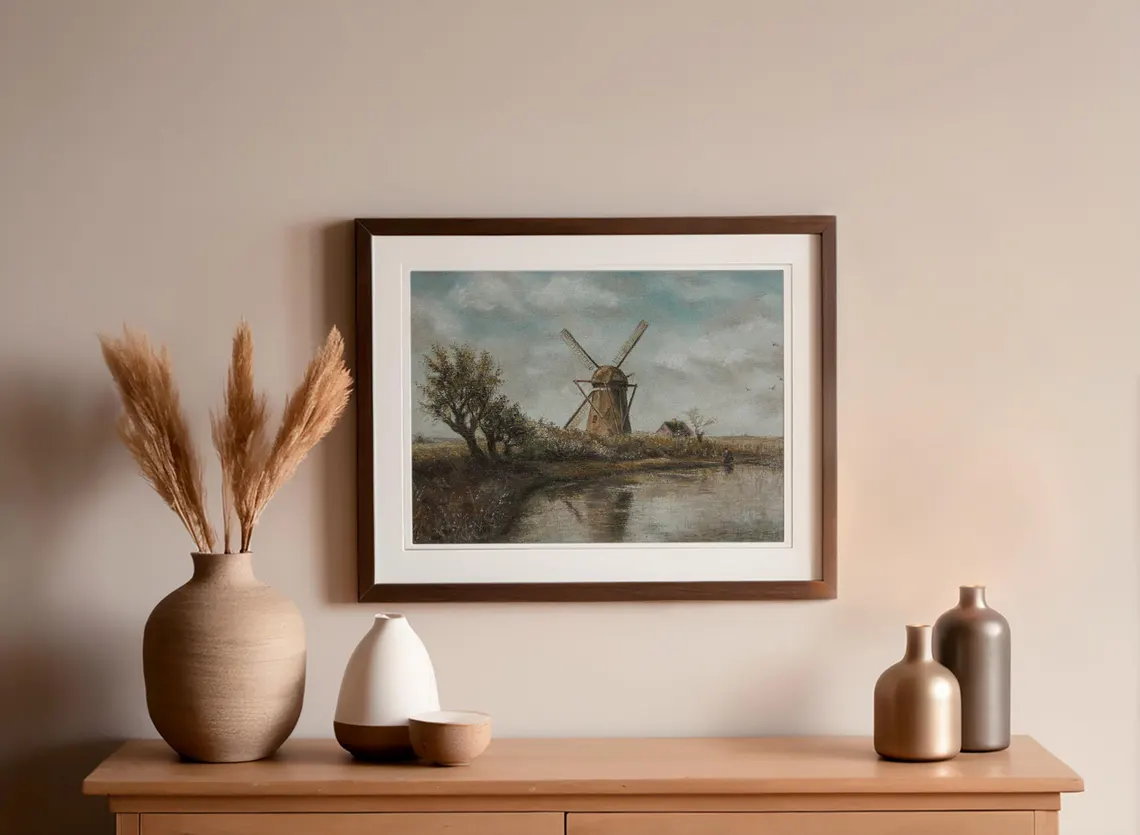 Windmill Reflections, Original Pastel Painting - Dutch Windmill Landscape Art