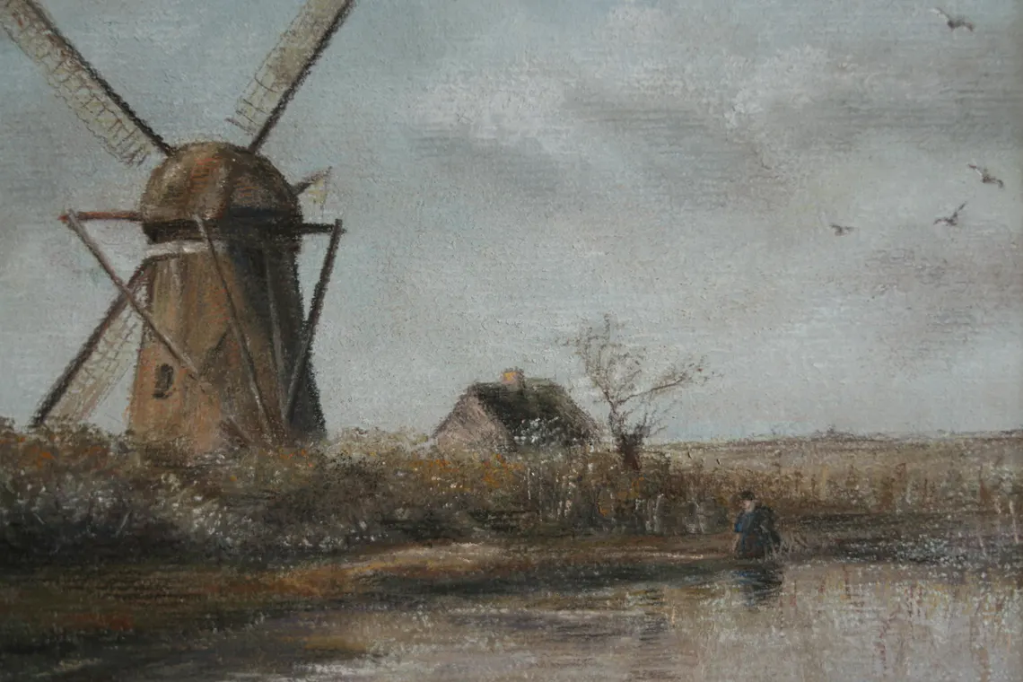 Windmill Reflections, Original Pastel Painting - Dutch Windmill Landscape Art