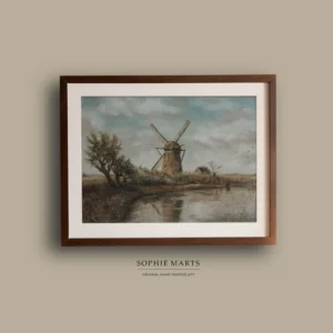 Windmill Reflections, Original Pastel Painting - Dutch Windmill Landscape Art