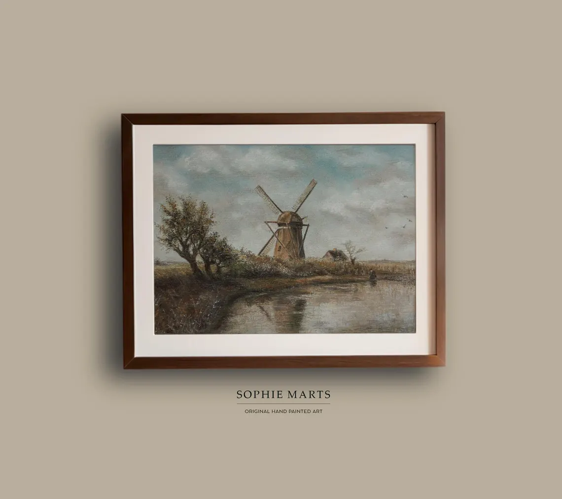 Windmill Reflections, Original Pastel Painting - Dutch Windmill Landscape Art