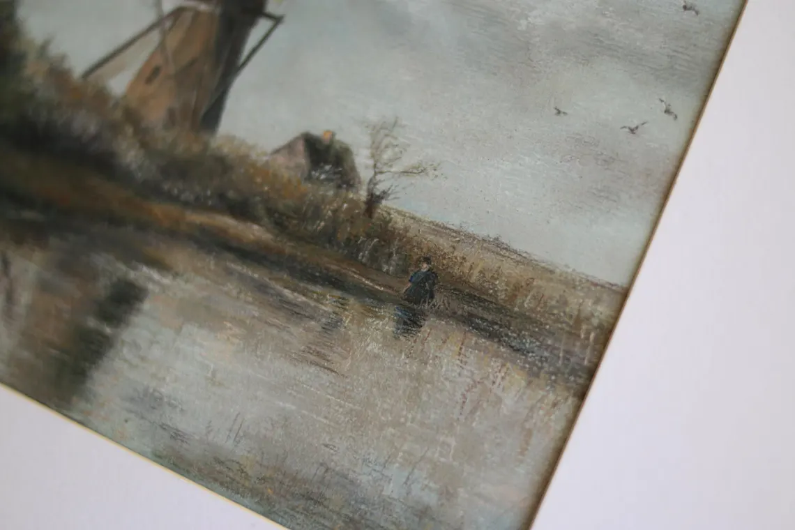 Windmill Reflections, Original Pastel Painting - Dutch Windmill Landscape Art