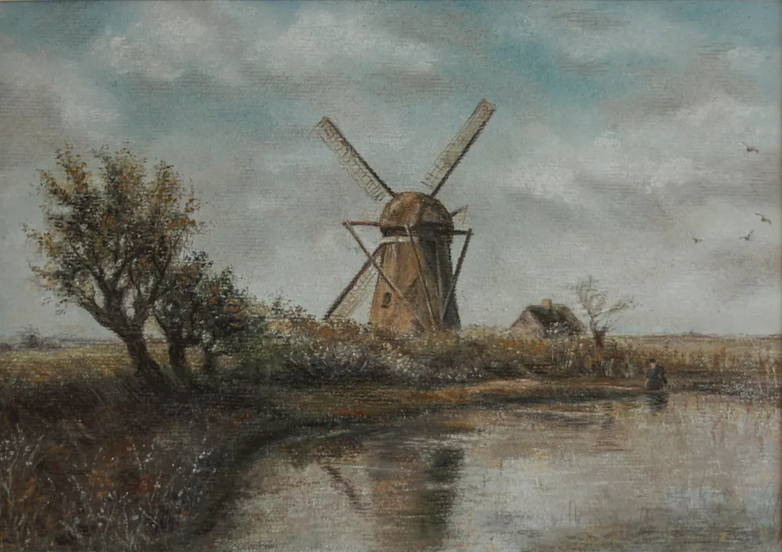 Windmill Reflections, Original Pastel Painting - Dutch Windmill Landscape Art