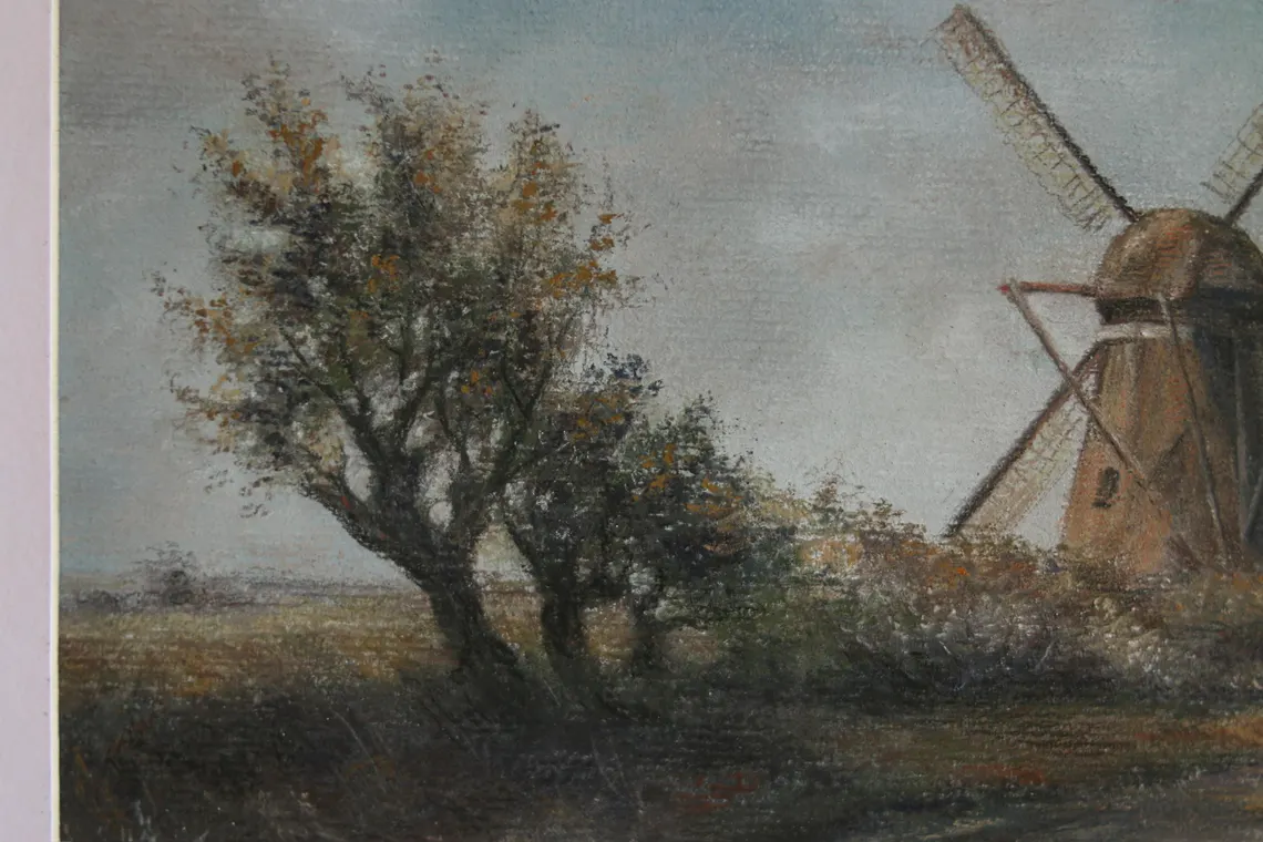 Windmill Reflections, Original Pastel Painting - Dutch Windmill Landscape Art