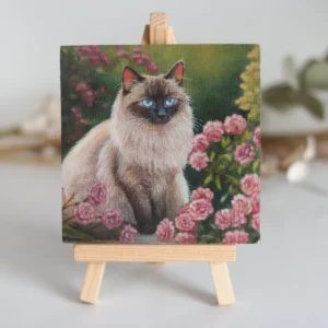 Blue-Eyed Elegance – Miniature Cat Painting, Original Art on Canvas